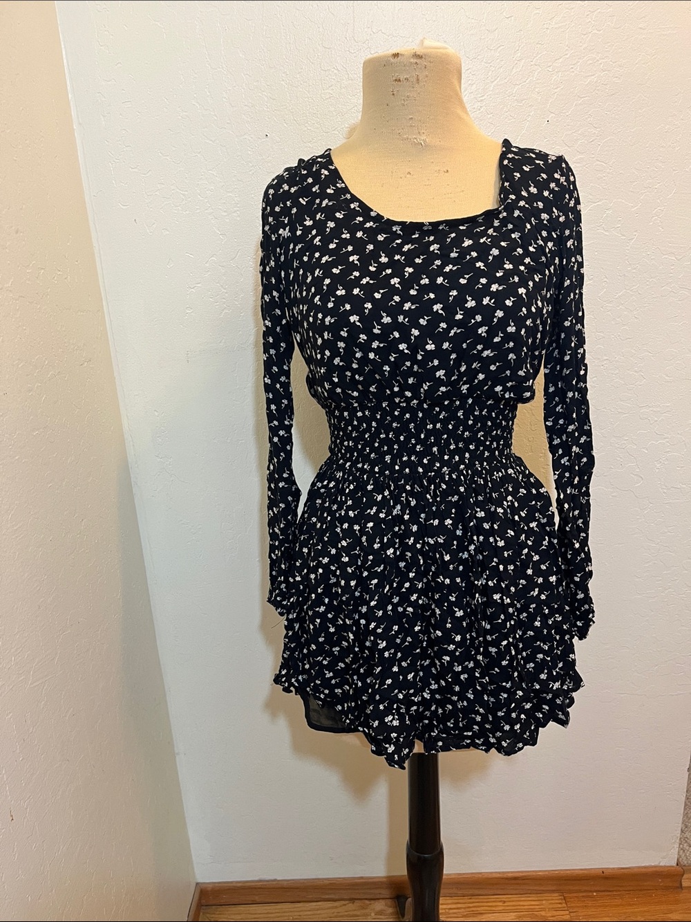 Kimchi Blue Black Mini Dress with White Floral Print